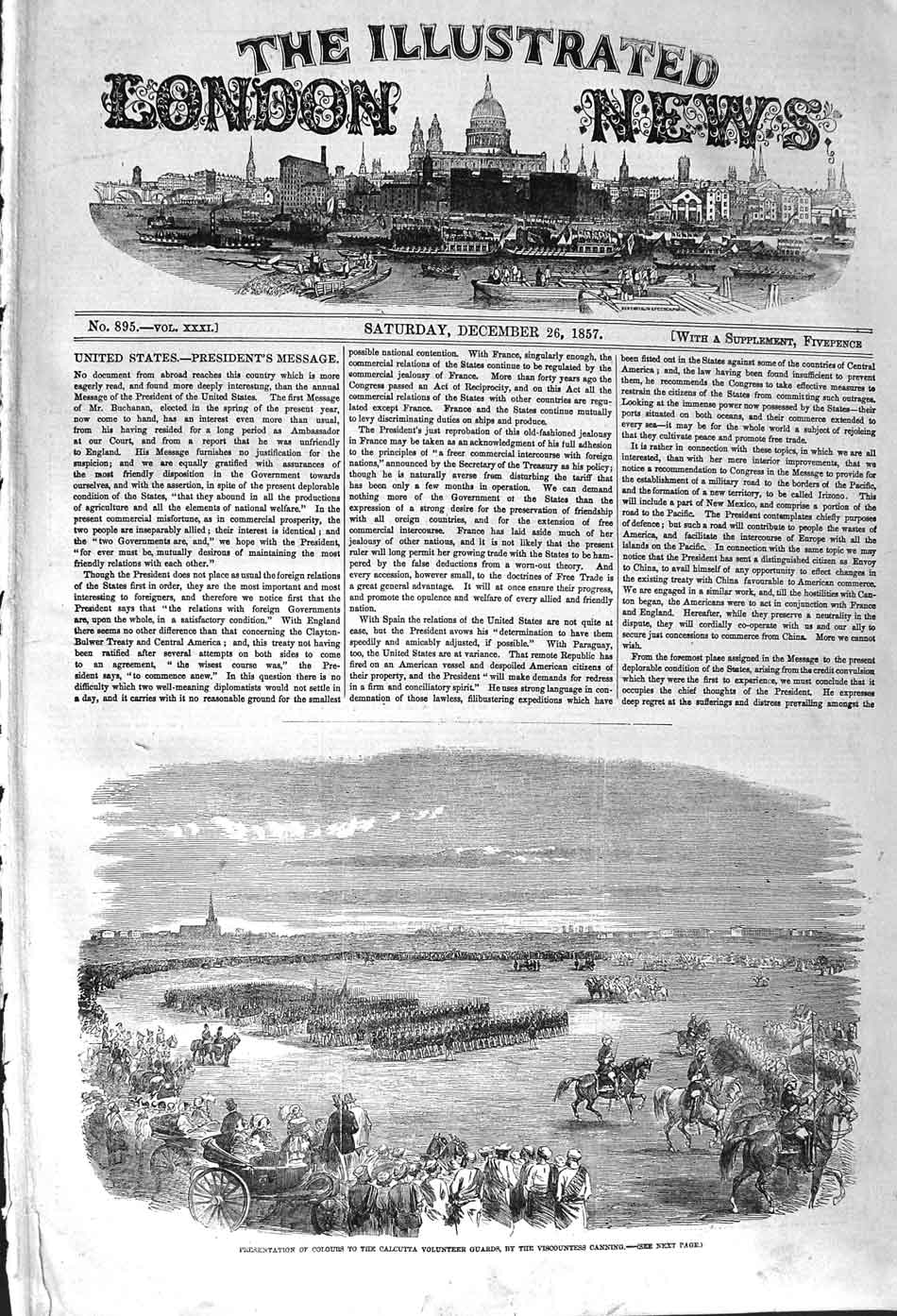 Old Antique Print 1857 Scene Presentations Colours Calcutta Army Canning 19th