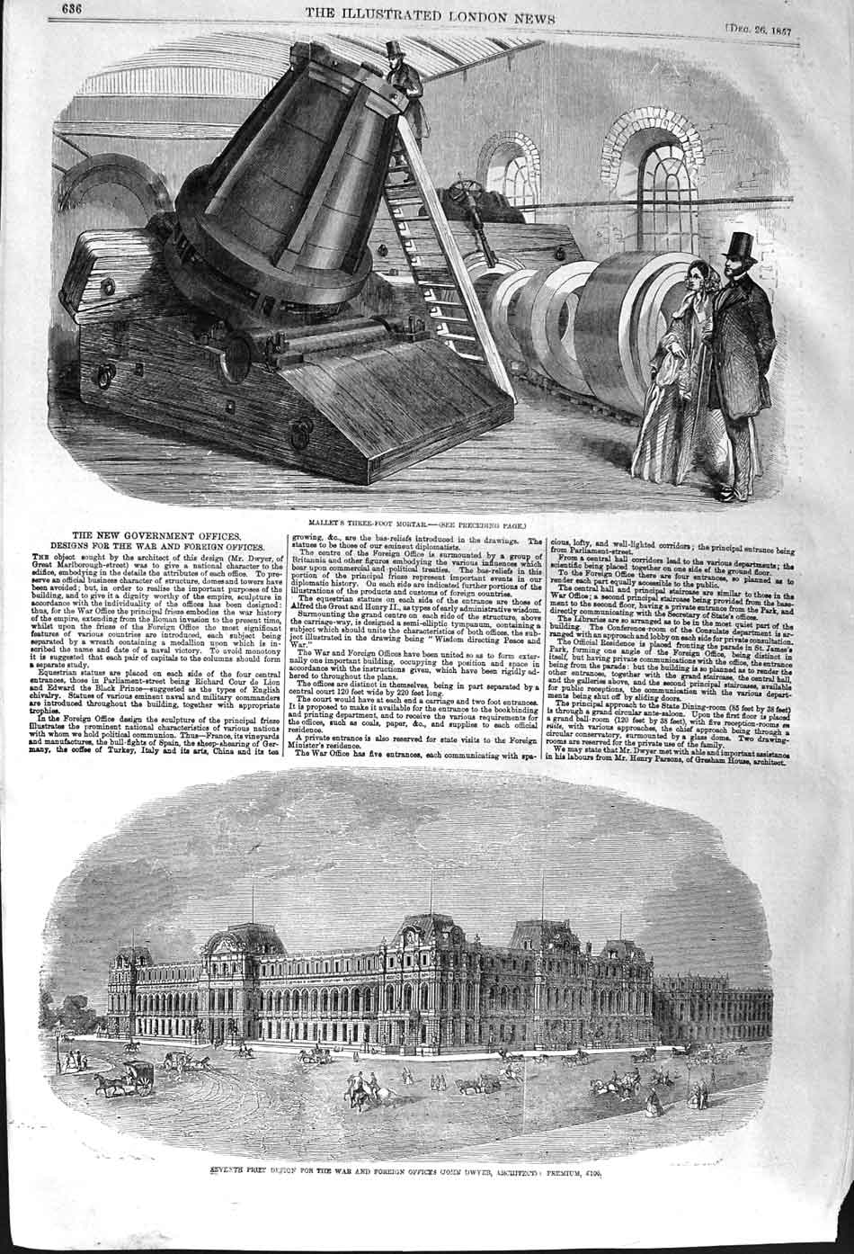 Original Old Antique Print 1857 Mallet Three-Foot Mortar Foreign Office Designs