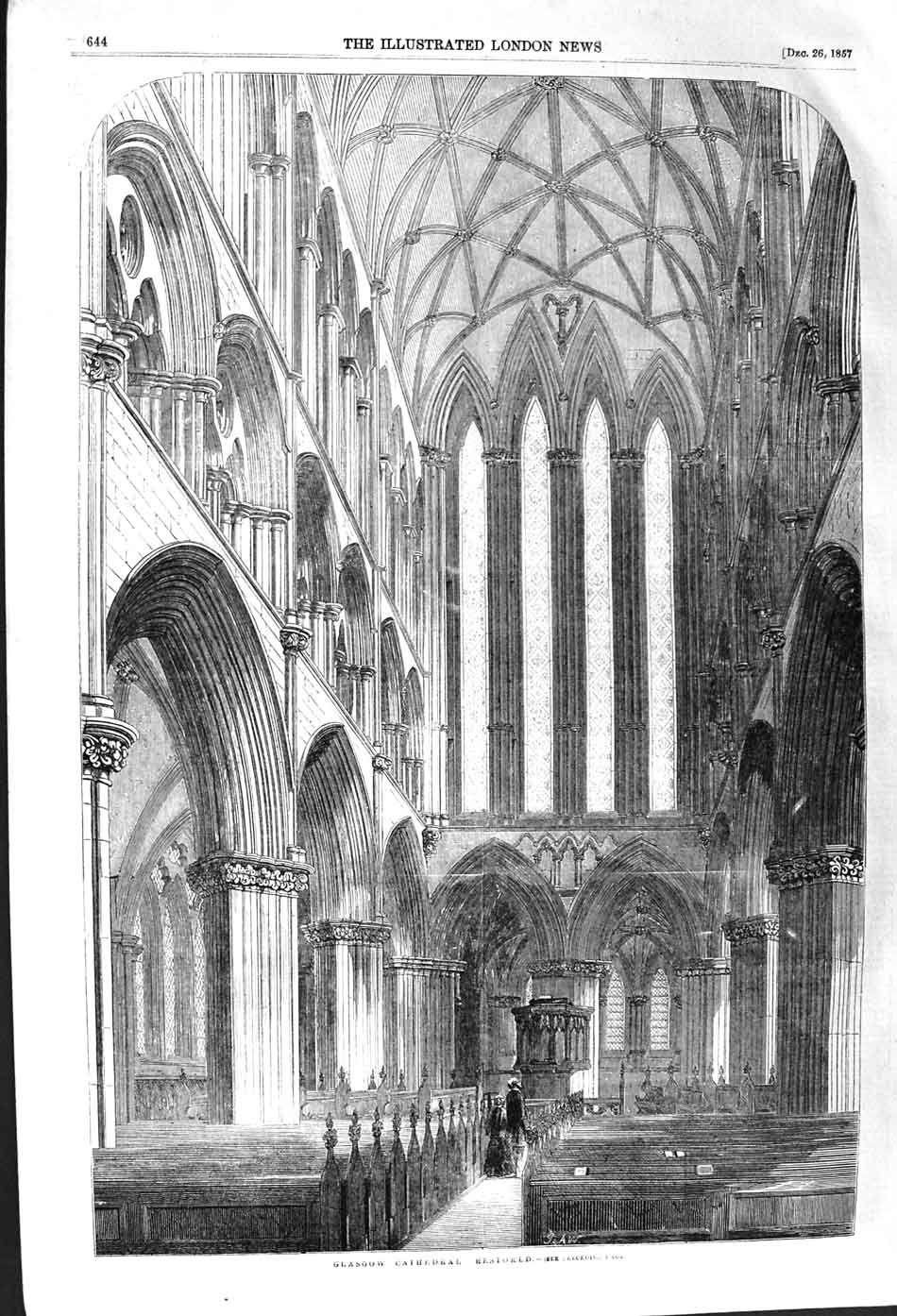 Old Antique Print 1857 Interior Glasgow Cathedral Scotland Architecture 19th