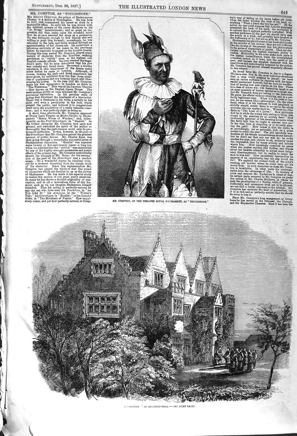 Old Antique Print 1857 Clemening Staffordshire Compton Theatre Touchstone 19th