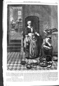 Original Old Antique Print 1857 Damaged Sleeping Servant Lady Washing Pots 19th