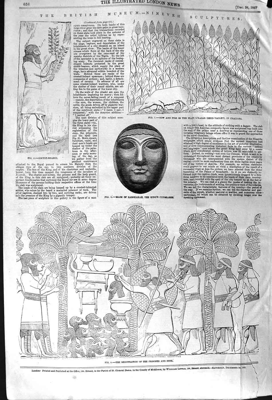 Original Old Antique Print 1857 Damaged Nineveh Sculptures Mask Rabshakah 19th