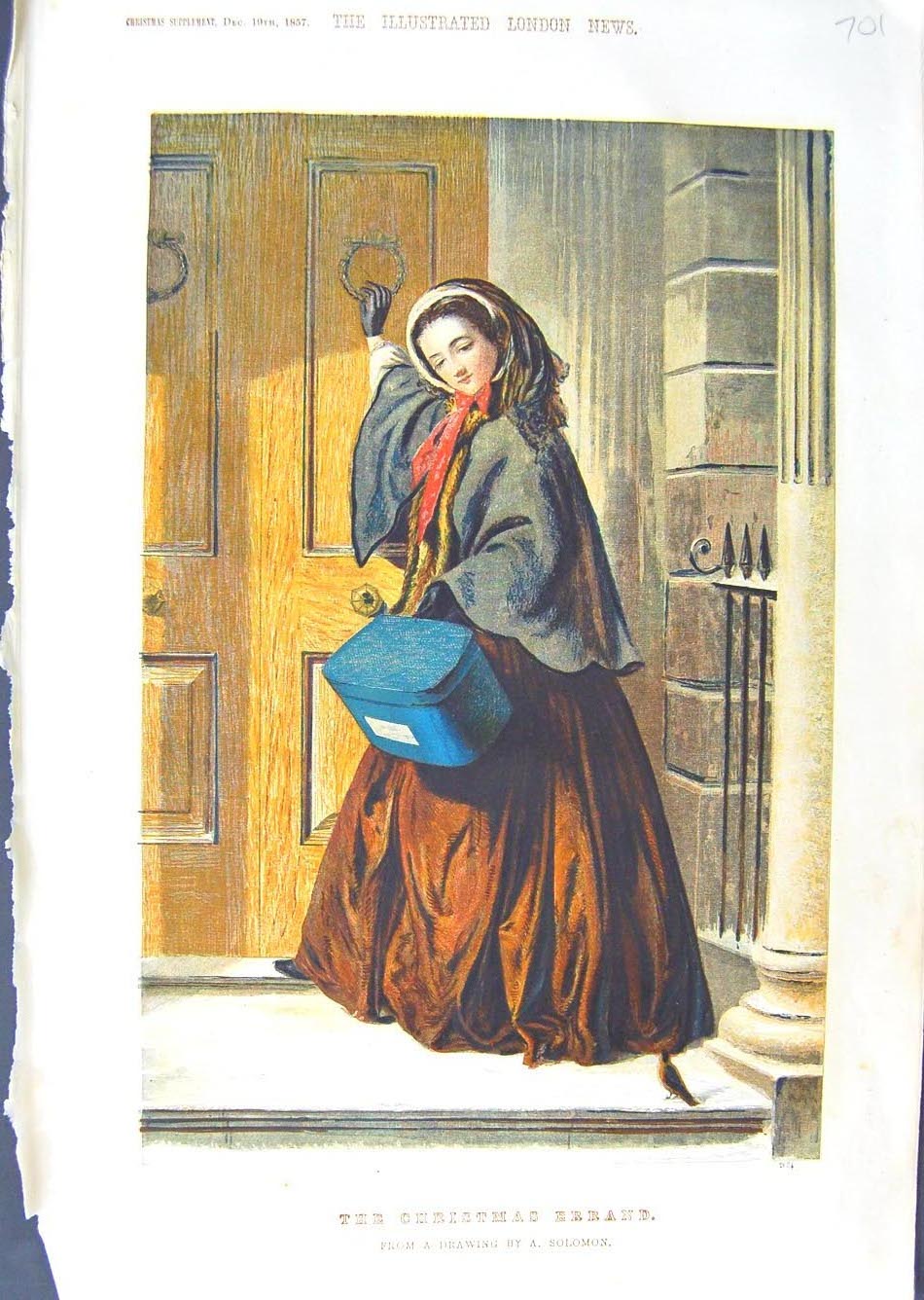 Original Old Antique Print 1857 Colour Lady House Door Christmas Present 19th