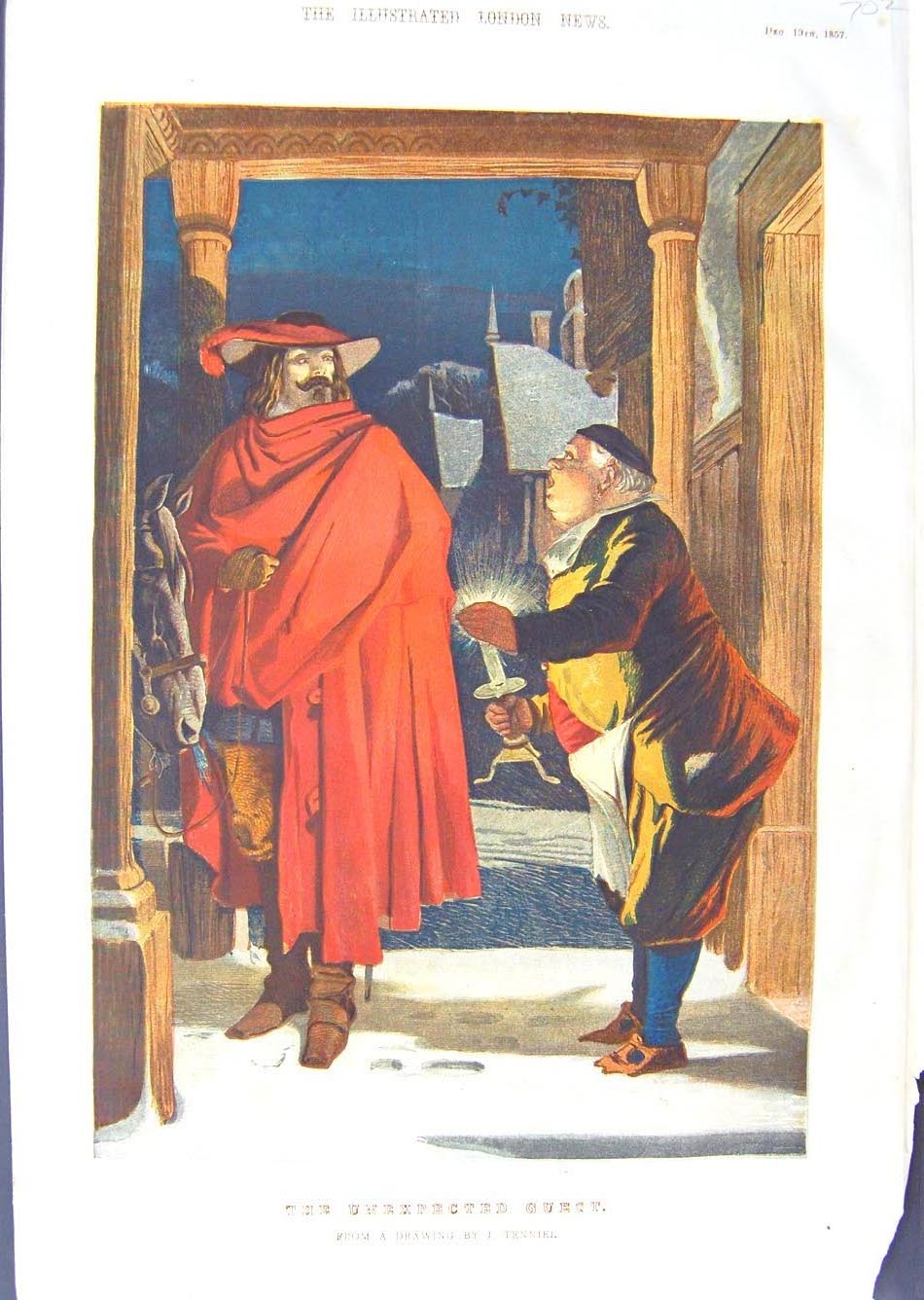 Original Old Antique Print 1857 Colour Man House Candle Cloak Horses Guest 19th