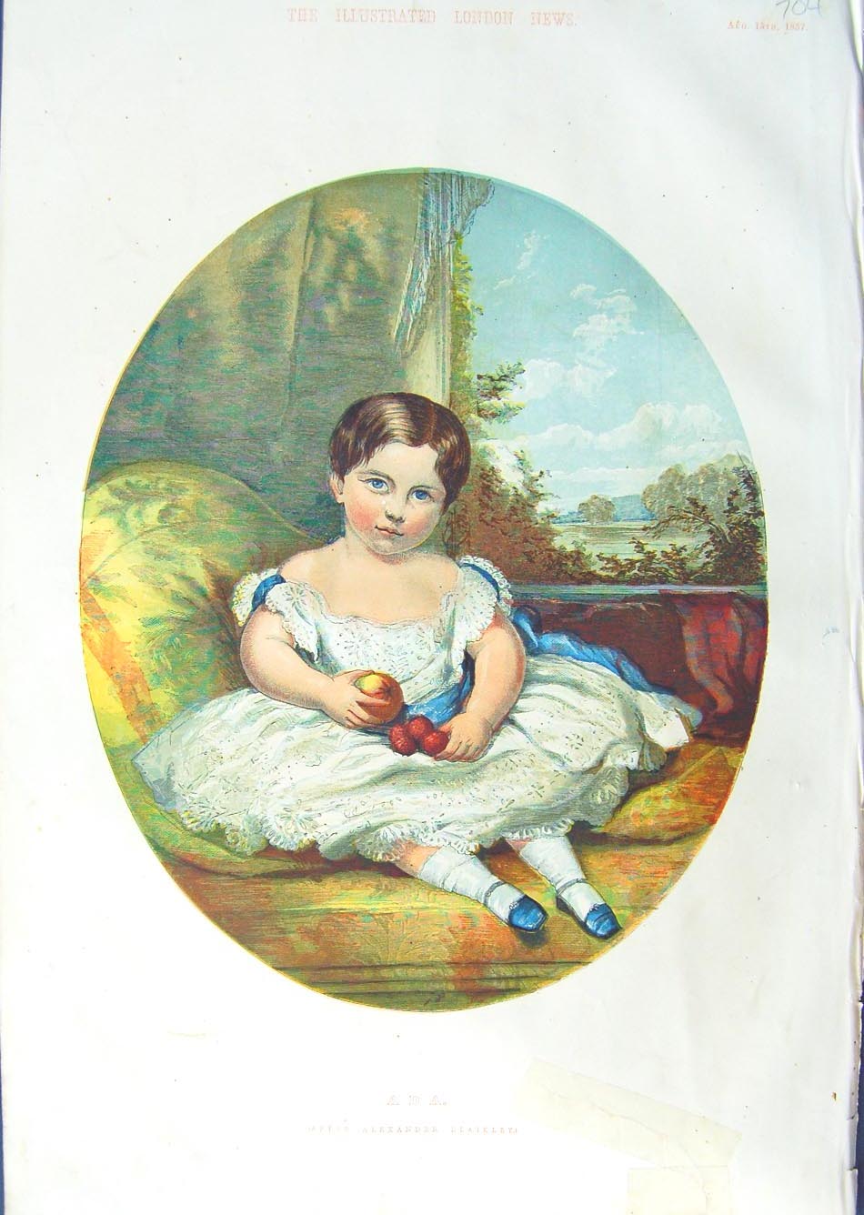 Original Old Antique Print 1857 Colour Portrait Little Girl Ada Fruit Victorian