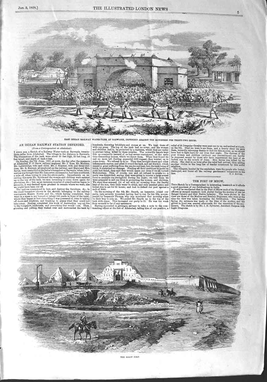 Original Old Antique Print 1858 Indian Railway Water-Tank Barwarie Mhow Fort