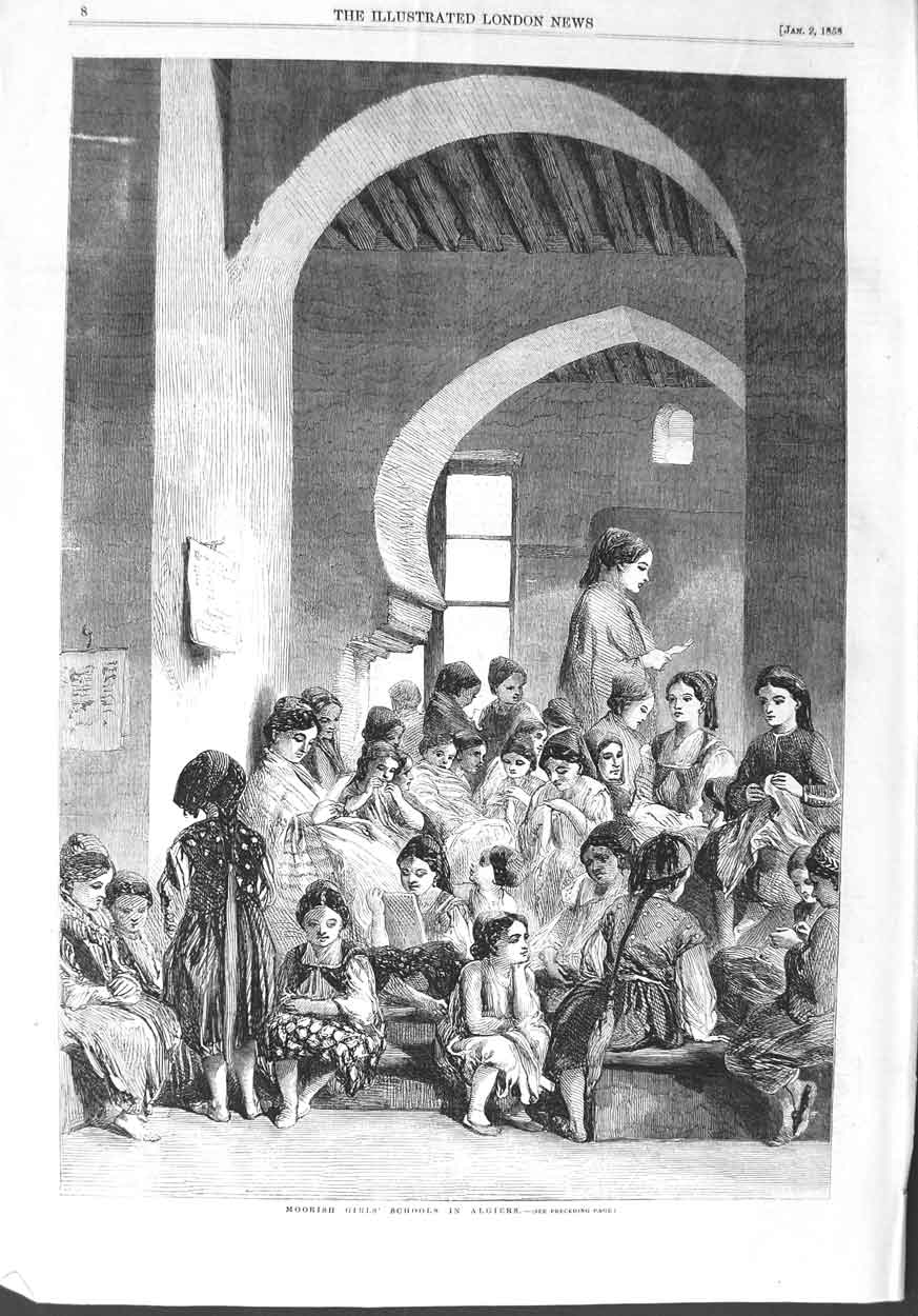 Original Old Antique Print 1858 Moorish School Girls Algiers Teacher Victorian