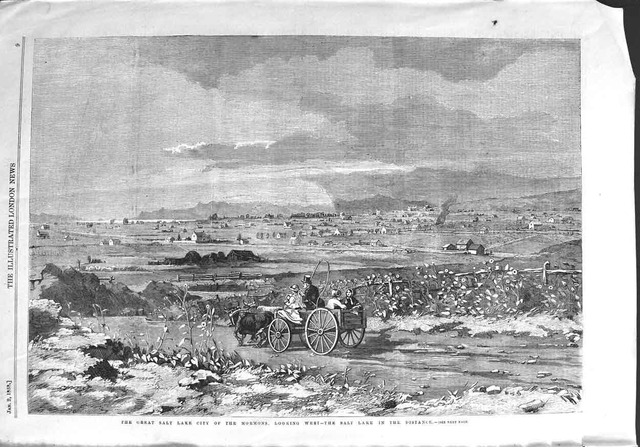 Old Antique Print 1858 Great Salt Lake City Mormons Bullock Cart America 19th