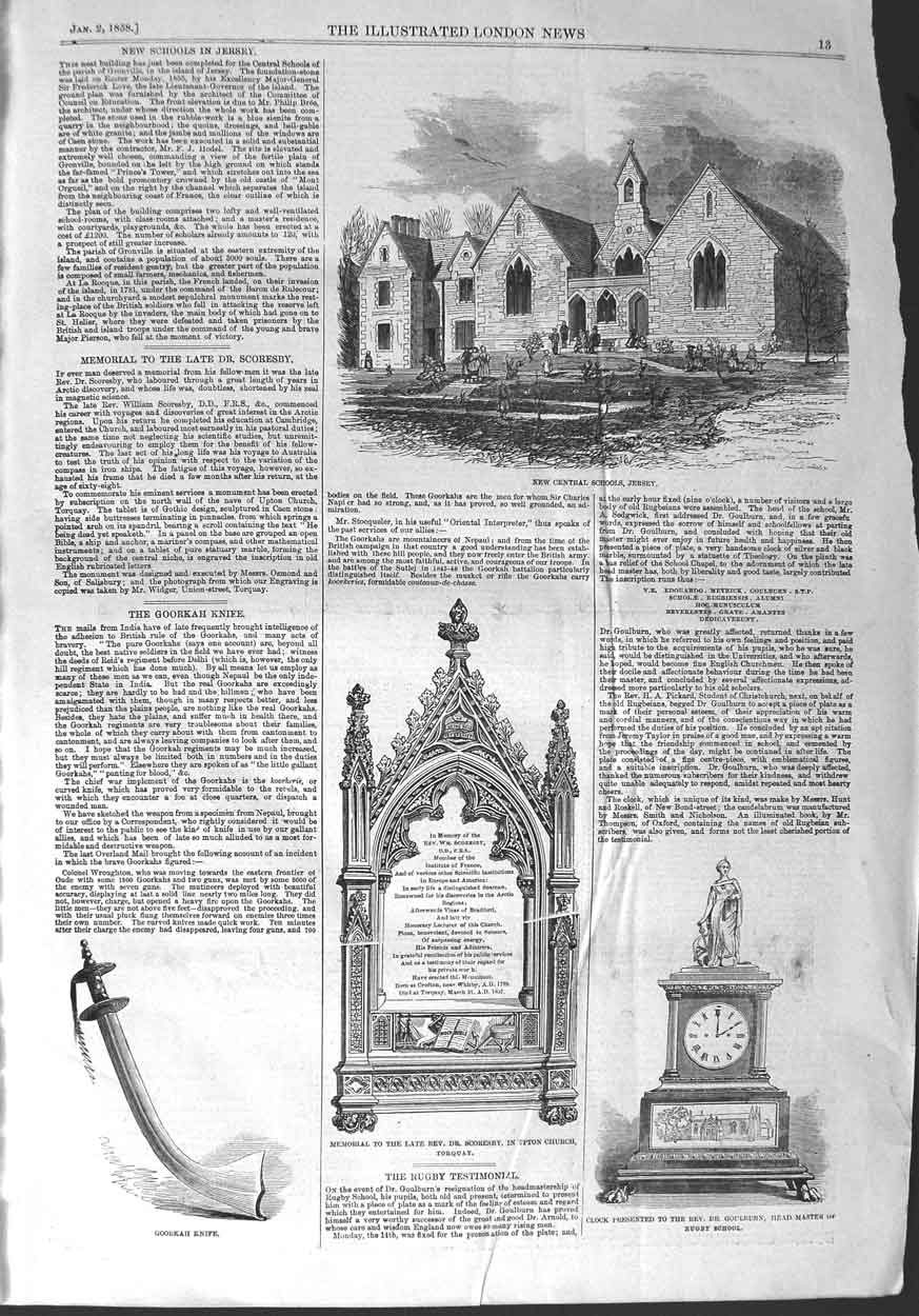 Original Old Antique Print 1858 Central School Jersey Goorkah Clock Goulburn
