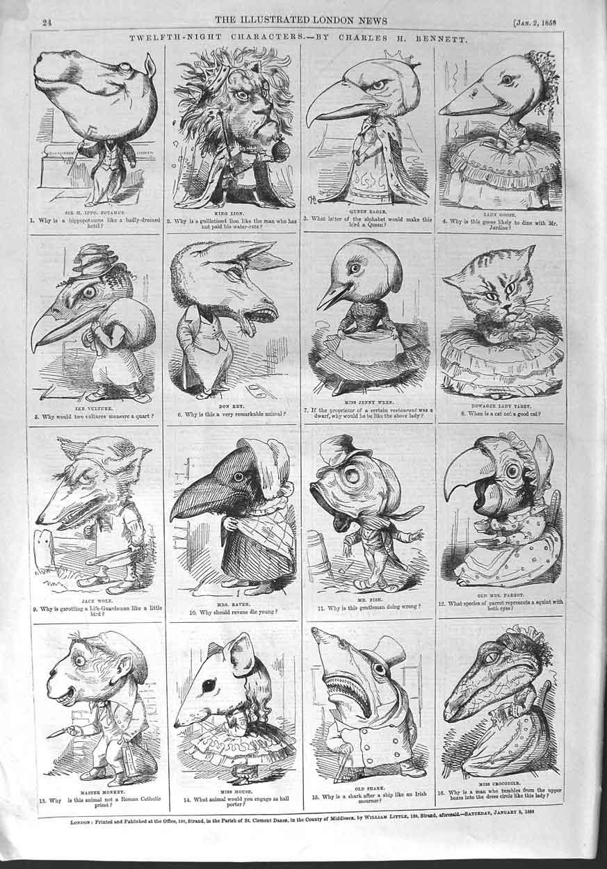 Old Antique Print 1858 Twelfth Night Characters Mouse Eagle Don Key Wren 19th