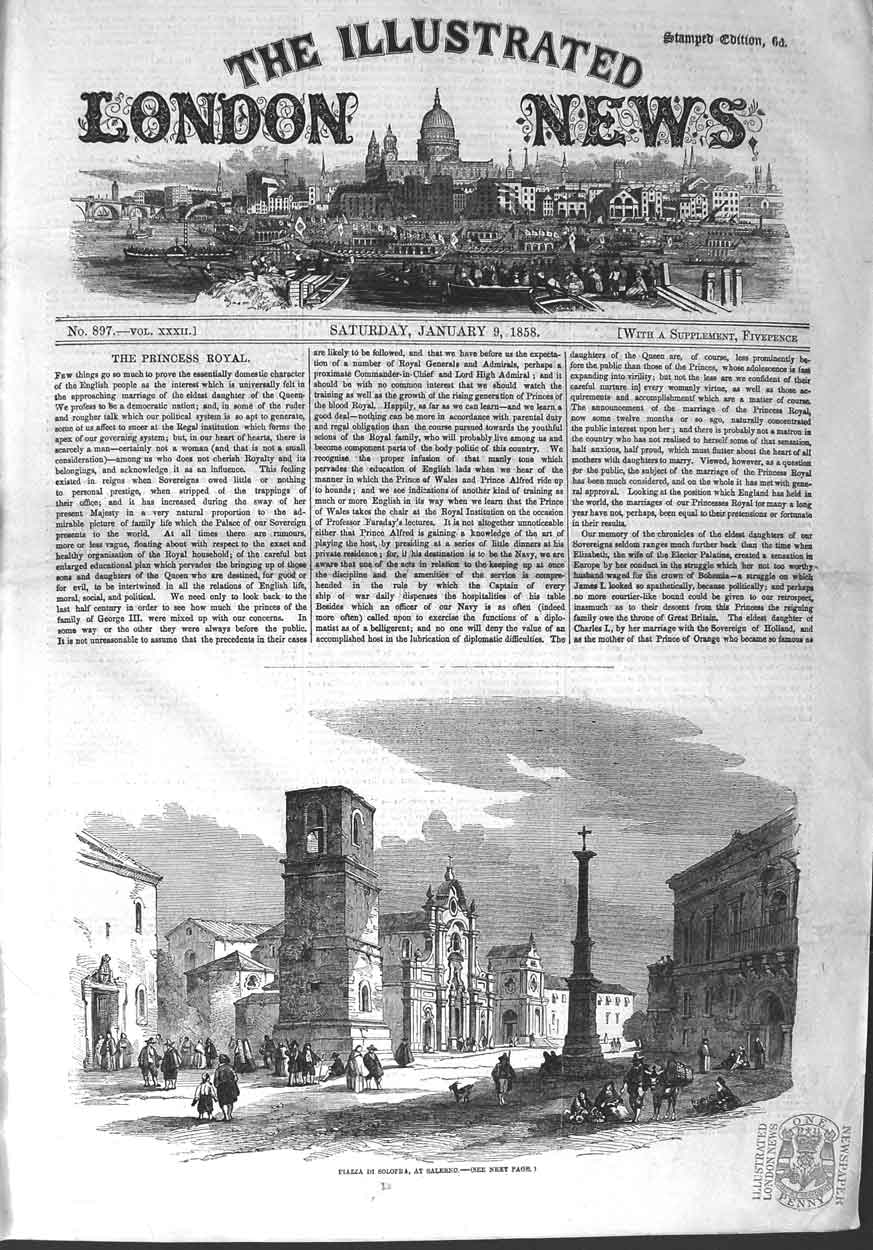 Original Old Antique Print 1858 Piazza Di Solofra Salerno Street Scene Bu 19th