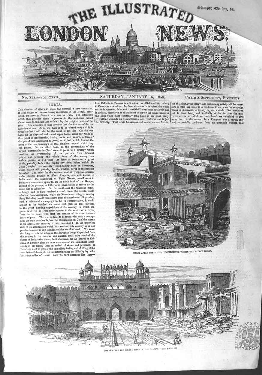 Original Old Antique Print 1858 Delhi Looted House Palace Gate Seige India 19th