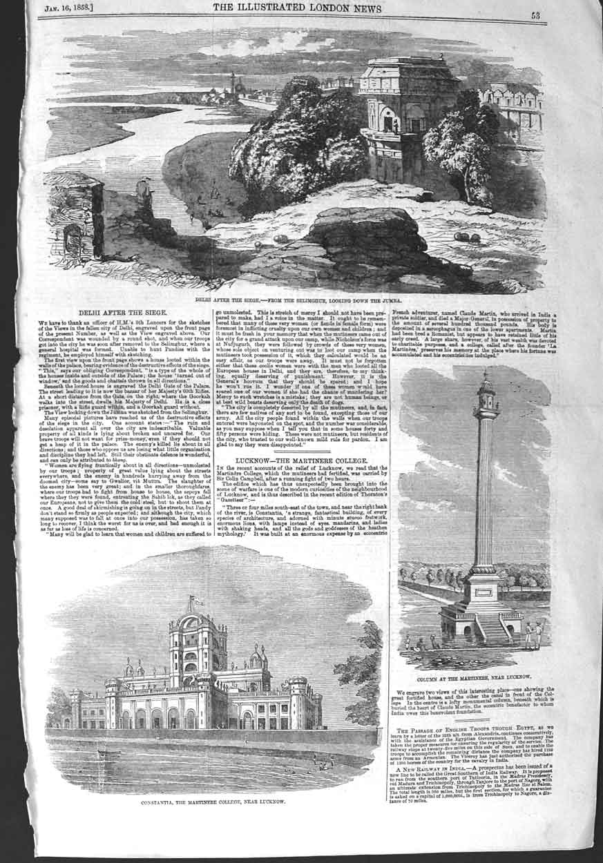 Original Old Antique Print 1858 Delhi Constantia Martinere College Lucknow 19th
