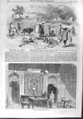 Original Old Antique Print 1858 Chinese Harvest Hong Kong Interior Hous 19th