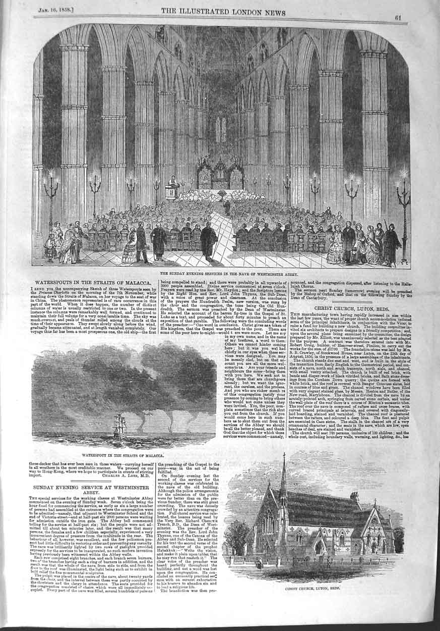 Original Old Antique Print 1858 Nave Westminster Abbey Church Luton Waterspout