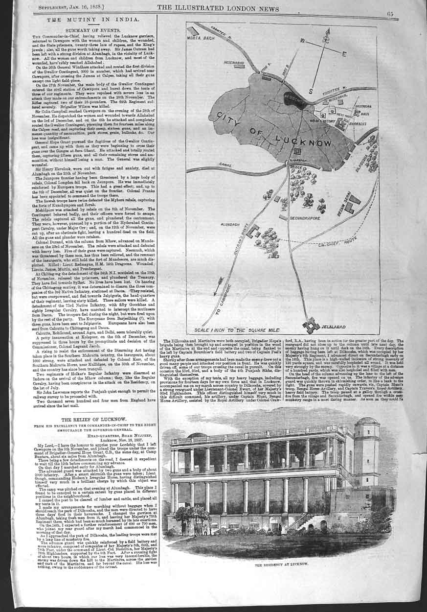 Original Old Antique Print 1858 Plan City Lucknow Commander-In-Chief Residency