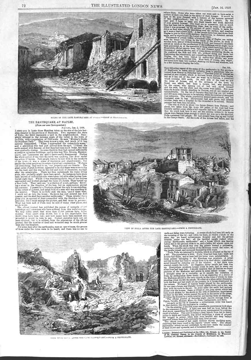 Original Old Antique Print 1858 Earthquake Polla Naples Italy Ruins Buildings