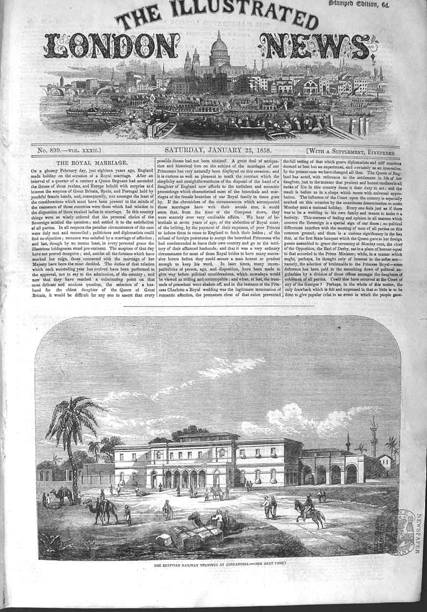Original Old Antique Print 1858 Egyptian Railway Terminus Alexandria Egypt 19th