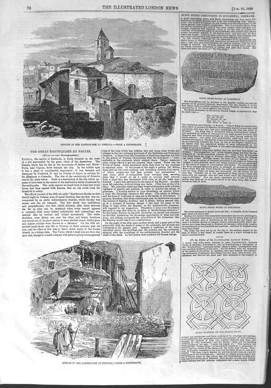 Original Old Antique Print 1858 Earthquake Potenza Runic Stone Schleswig Forres
