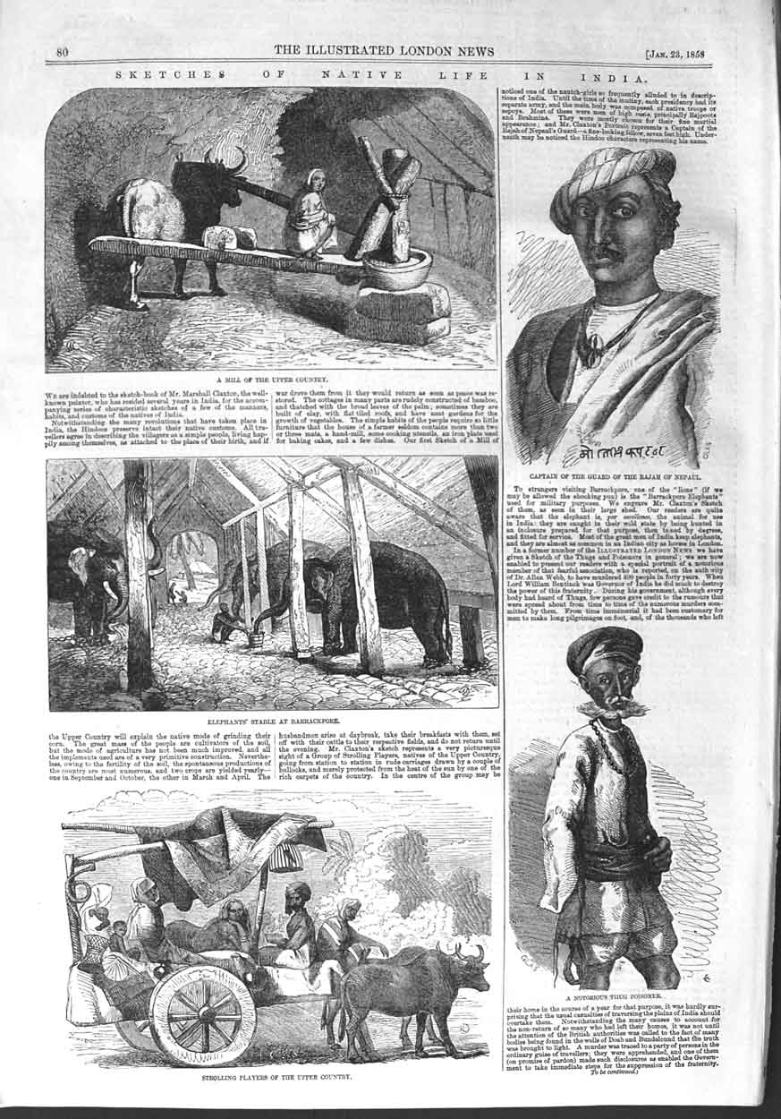 Old Antique Print 1858 Native India Mill Elephants Thug Poisoner Nepaul 19th