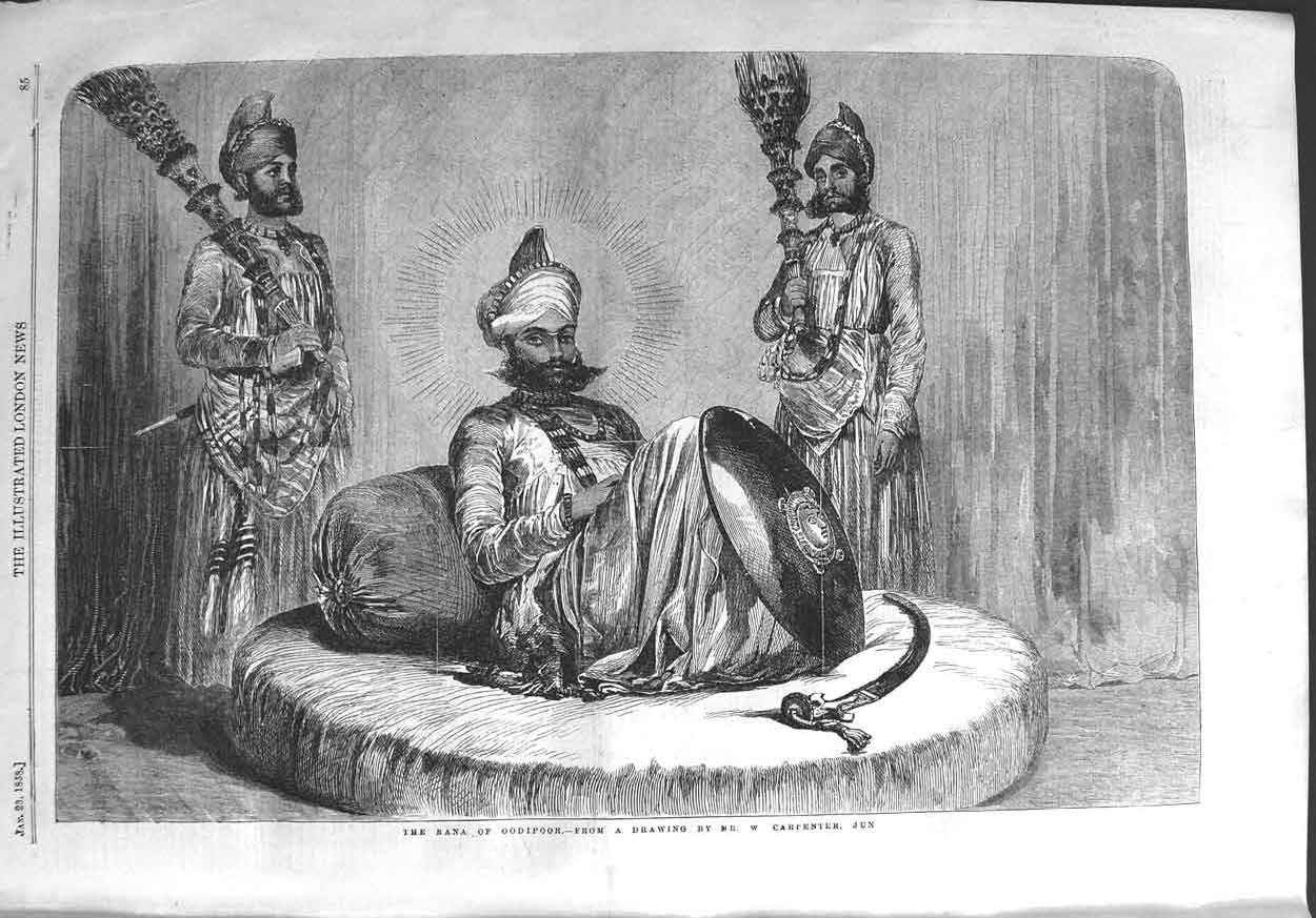 Original Old Antique Print 1858 Portrait Rana Oodipoor Servants 19th