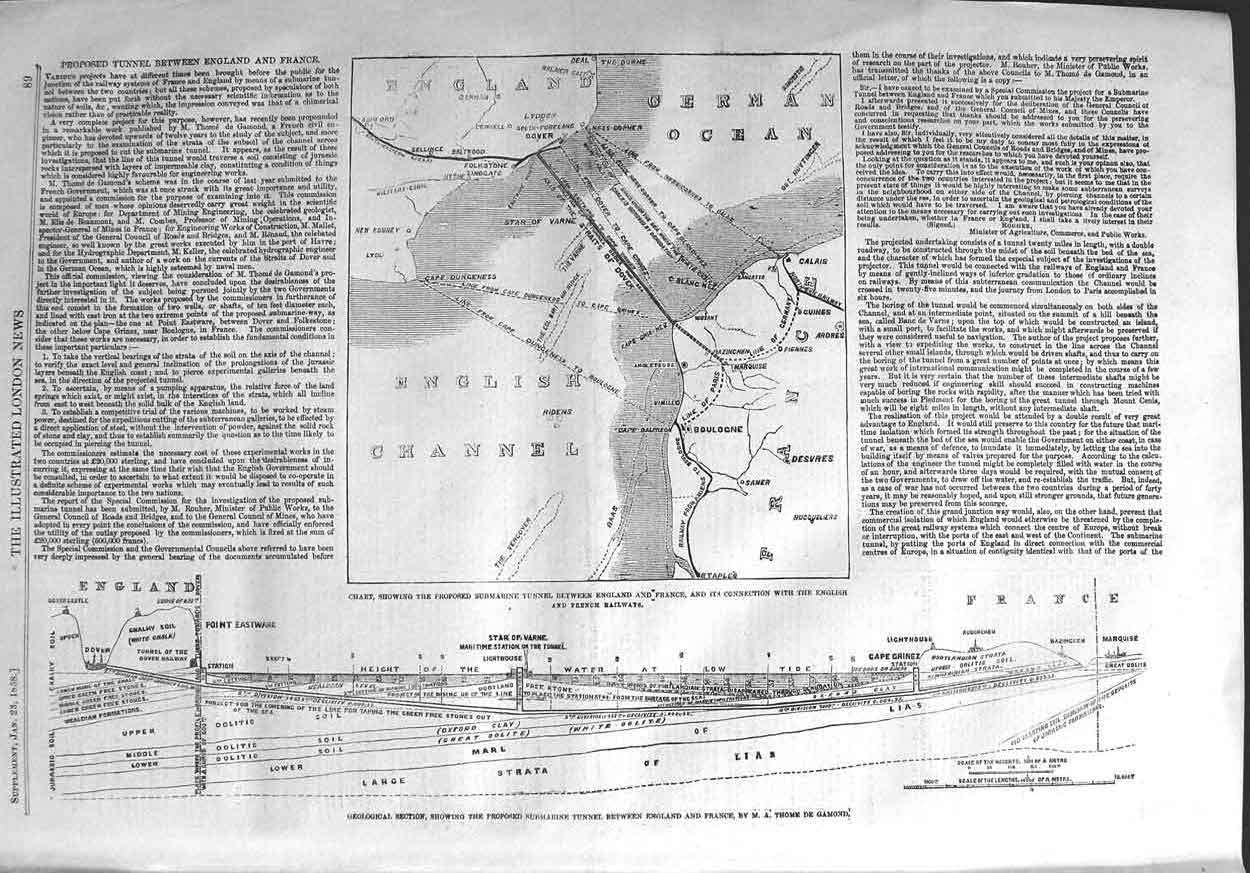 Old Antique Print 1858 Geological Section Submarine Tunnel England France 19th