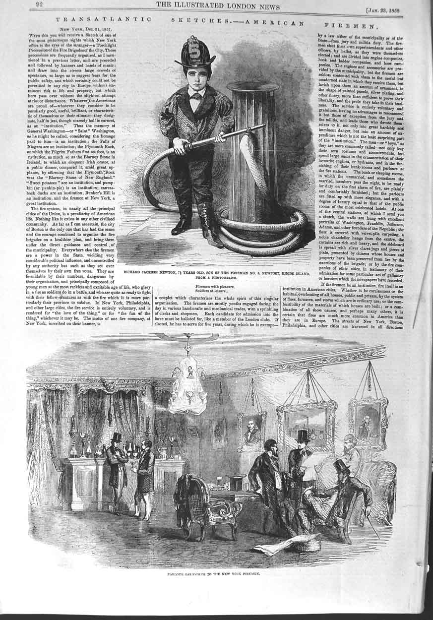 Original Old Antique Print 1858 Richard Jackson Newton Fireman New York America