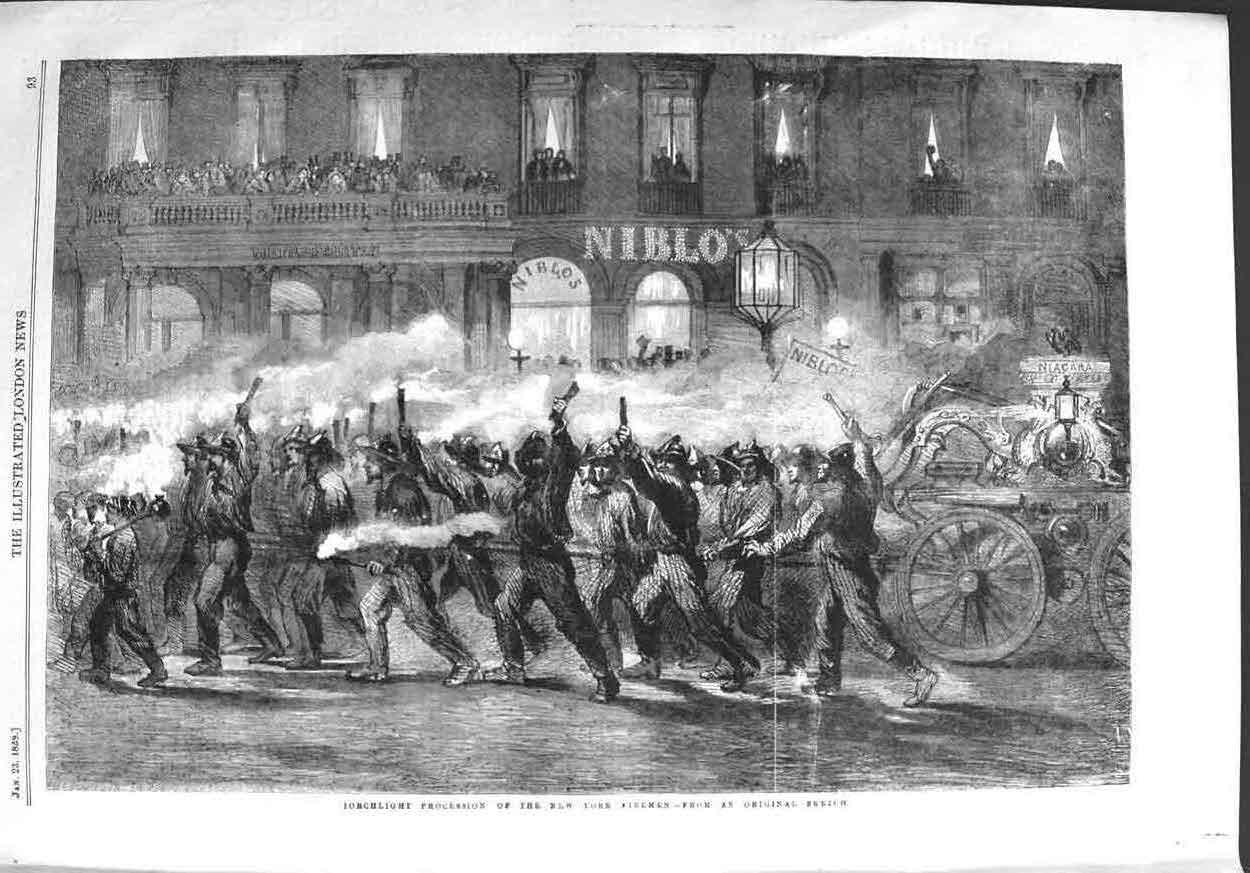 Original Old Antique Print 1858 Torchlight Procession New York Firemen America