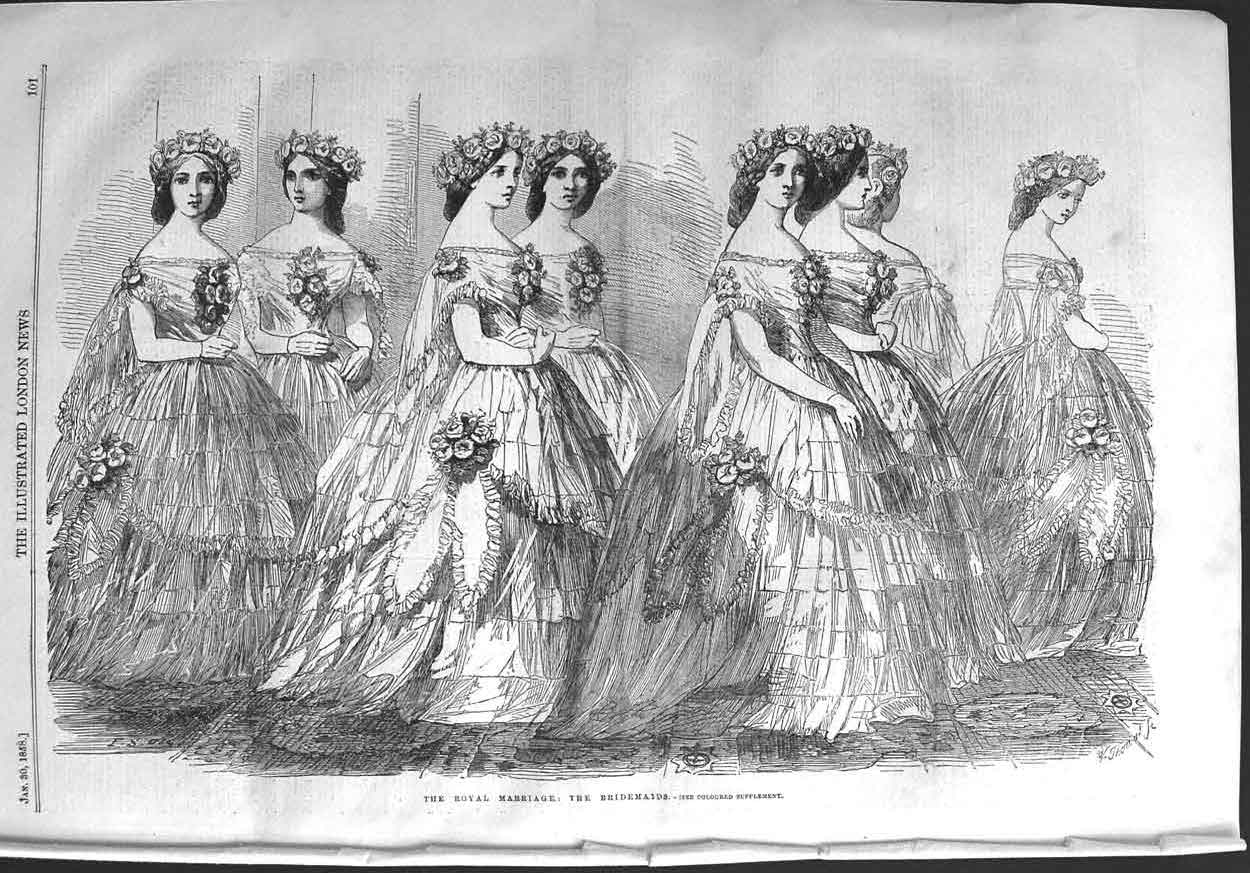 Original Old Antique Print 1858 Royal Wedding Portait Bridesmaids Dresses 19th