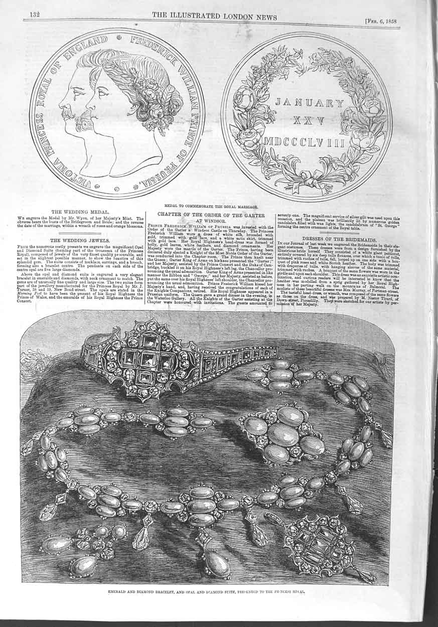 Original Old Antique Print 1858 Emerald Bracelet Diamond Princess Royal Medal