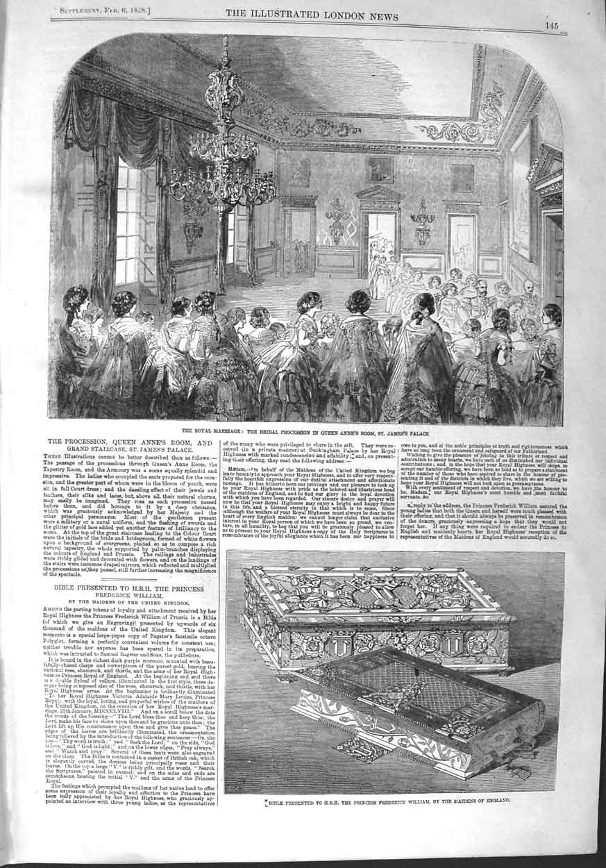 Old Antique Print 1858 Royal Marriage James Palace Bible William England 19th