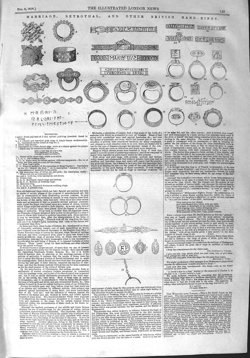 Original Old Antique Print 1858 Marriage Betrothal British Hand Rings Victorian