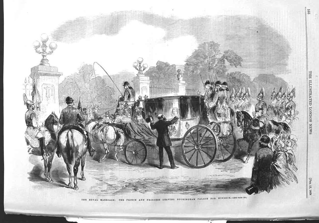 Original Old Antique Print 1858 Royal Wedding Prince Princess Buckingham Palace