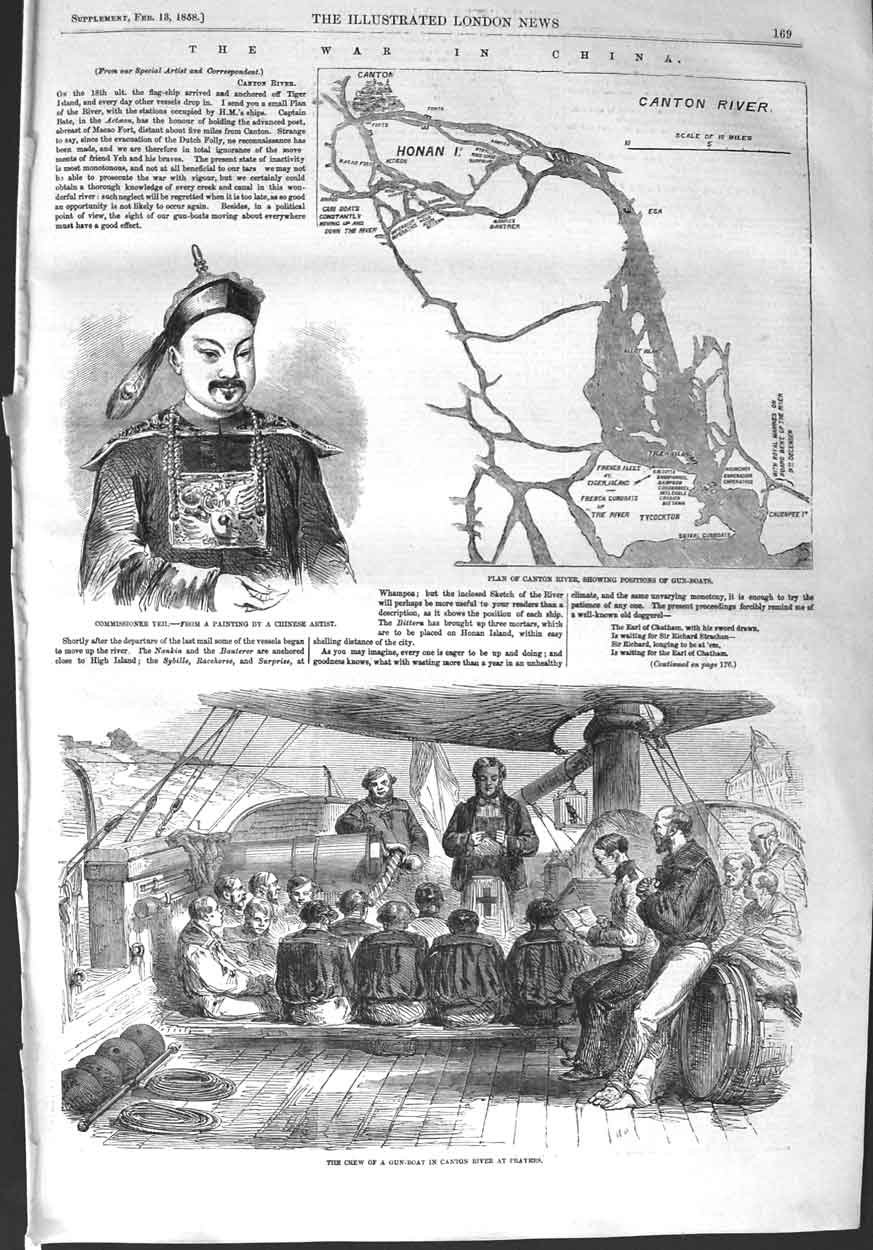 Original Old Antique Print 1858 War China Commissioner Yeh Canton River Jo 19th