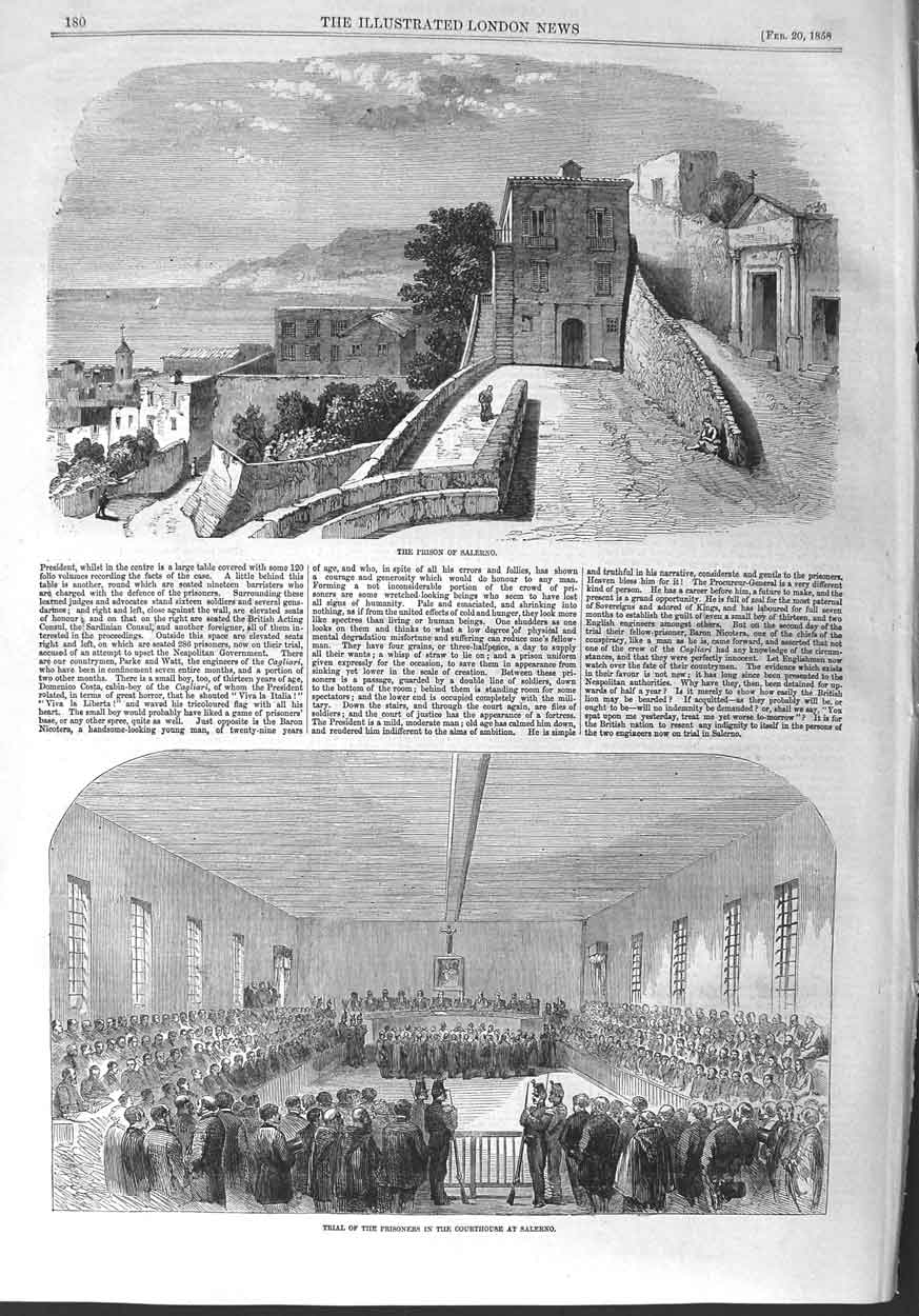 Original Old Antique Print 1858 Prison Salerino Trial Prisoners Courthouse 19th