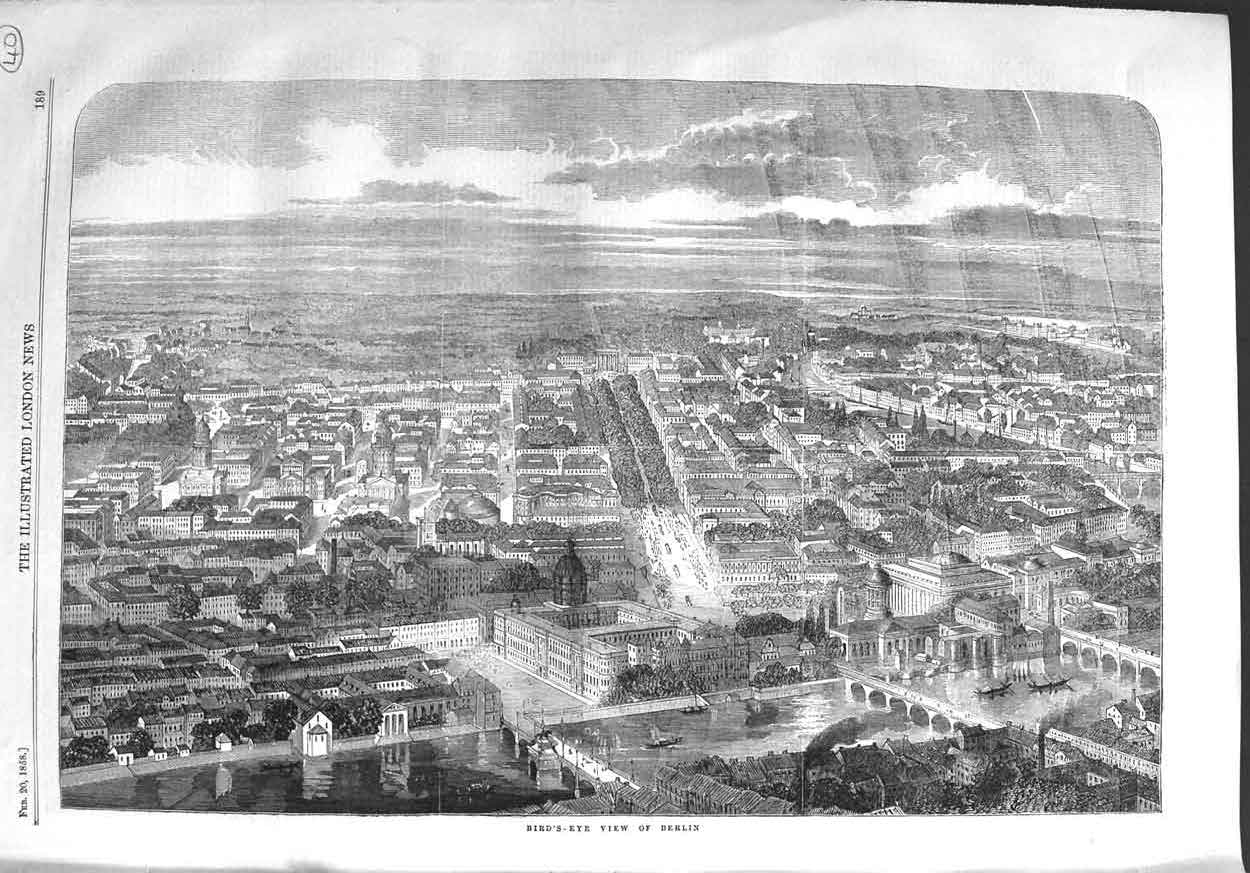 Old Antique Print 1858 Bird'S-Eye View Berlin Germany River Bridges Boats 19th