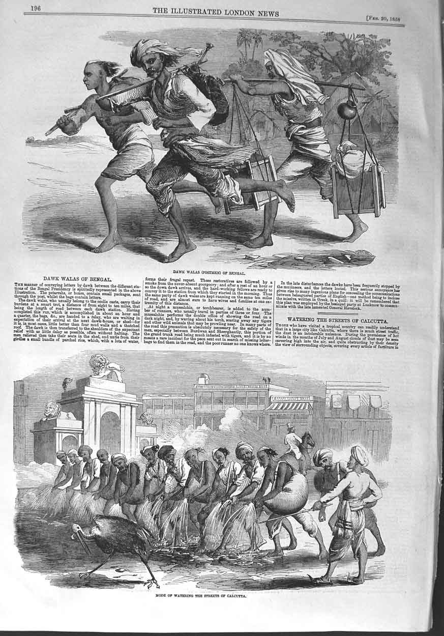Old Antique Print 1858 Dawk Walas Postmen Bengal Watering Street Calcutta 19th