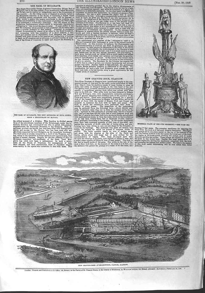 Old Antique Print 1858 Earl Mulgrave Scotia Graving-Dock Partick Glasgow 19th