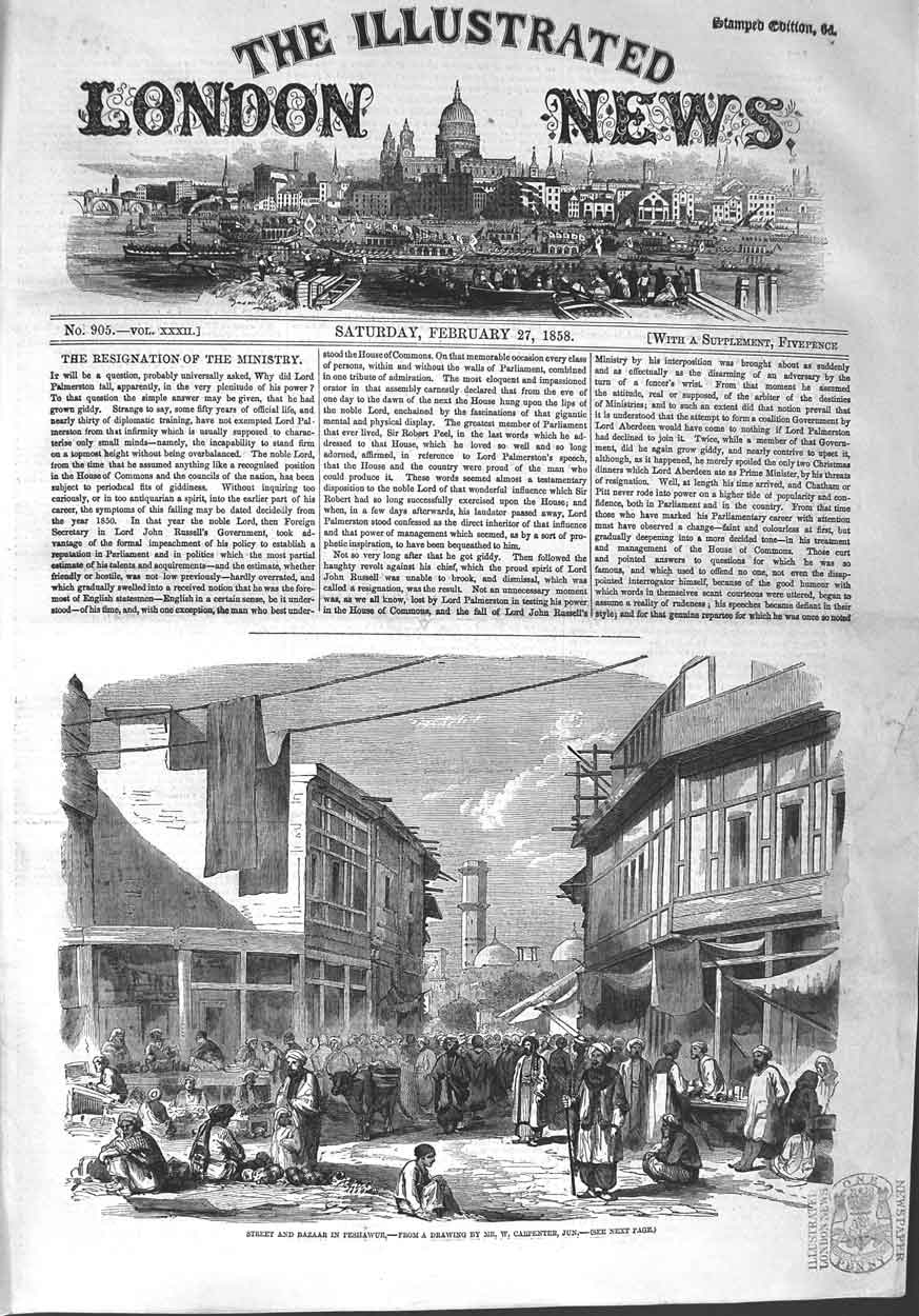 Original Old Antique Print 1858 Street Bazaar Peshawur Sellers 19th