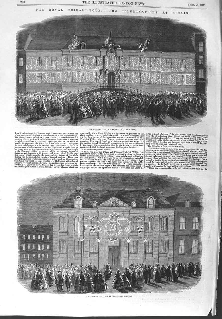 Old Antique Print 1858 Royal Wedding Berlin Statue Frederick Lustgarten 19th