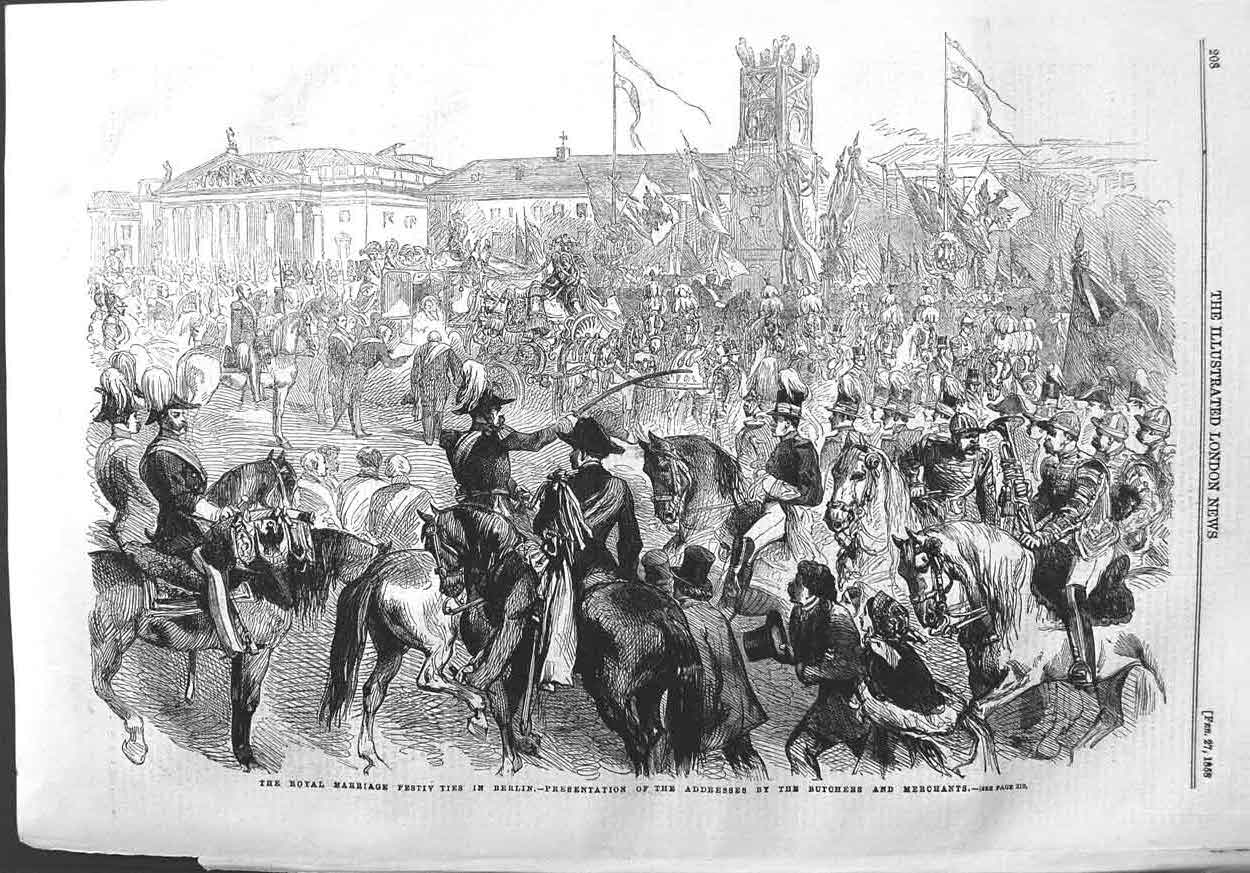 Original Old Antique Print 1858 Royal Wedding Berlin Butchers Merchants Address