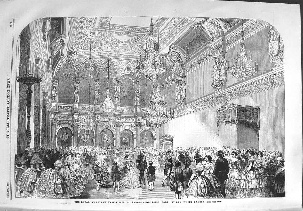 Original Old Antique Print 1858 Royal Wedding Festivities Berlin Polonaise Ball