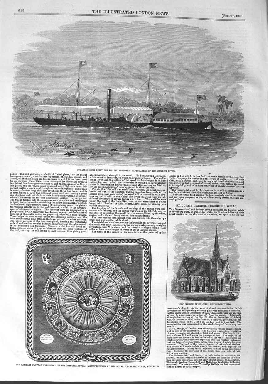 Original Old Antique Print 1858 Livingstone Boat Zambesi River Church Raphael