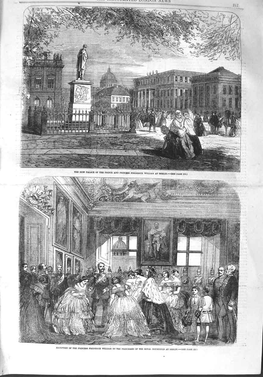 Original Old Antique Print 1858 Palace Prince Frederick William Berlin Germany