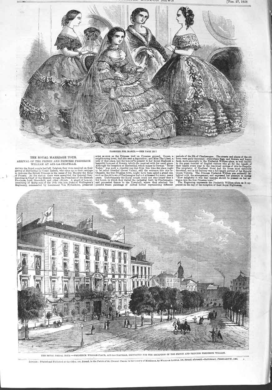Original Old Antique Print 1858 Frederick William-Place Aix-La-Chapelle Fashion