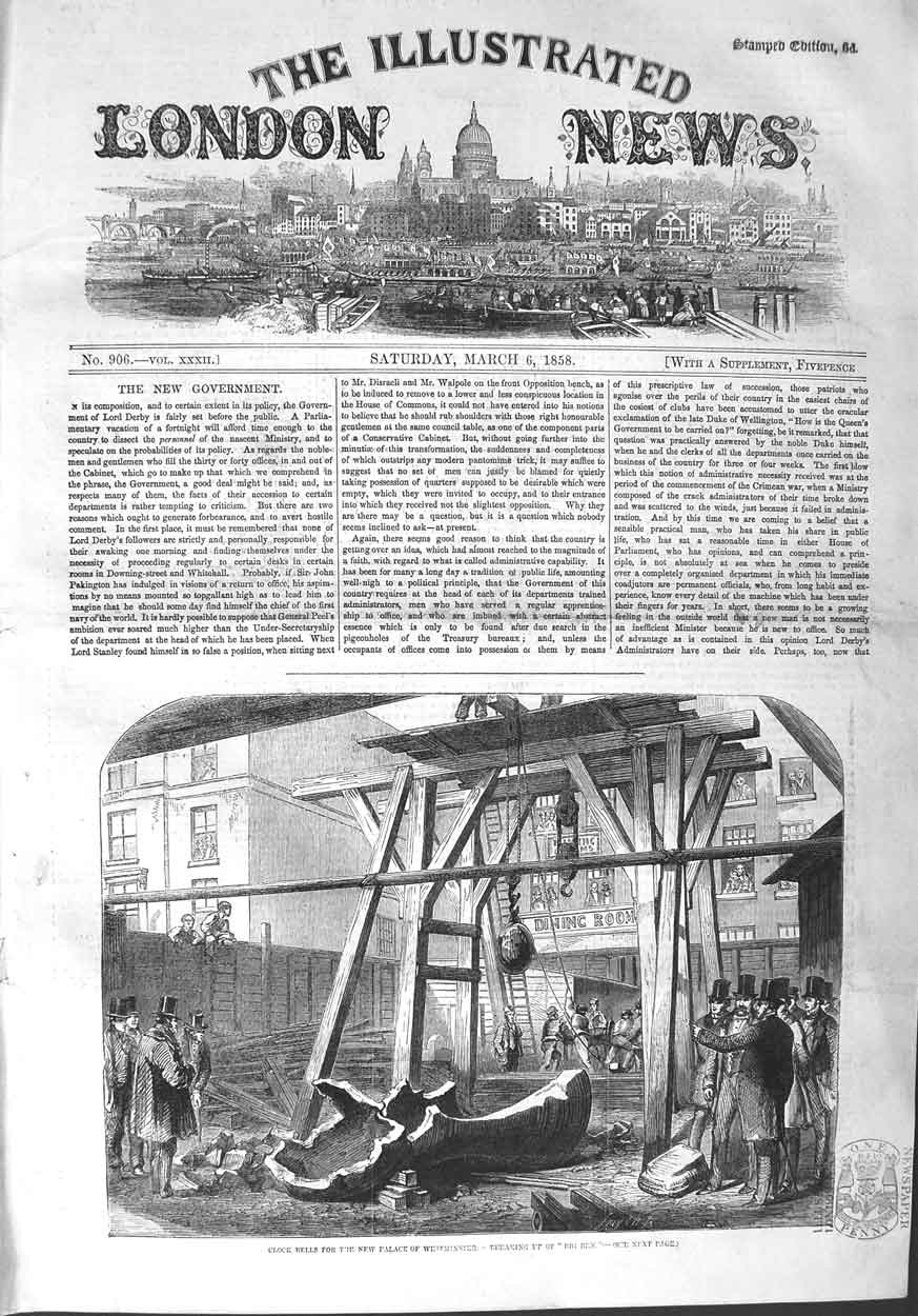 Original Old Antique Print 1858 Clock Bells Palace Westminster Big Ben London