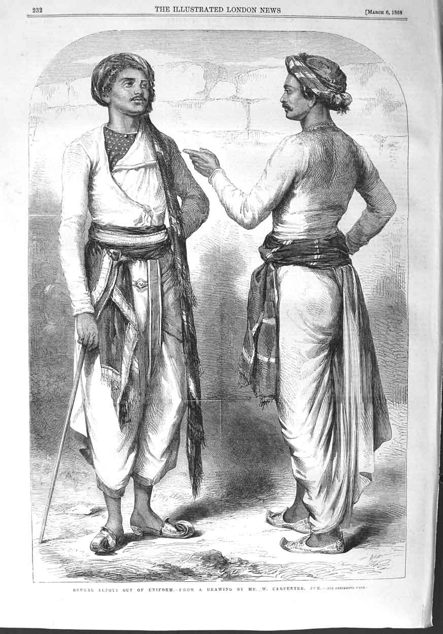 Original Old Antique Print 1858 Portrait Bengal Sepoys Casual Clothing 19th