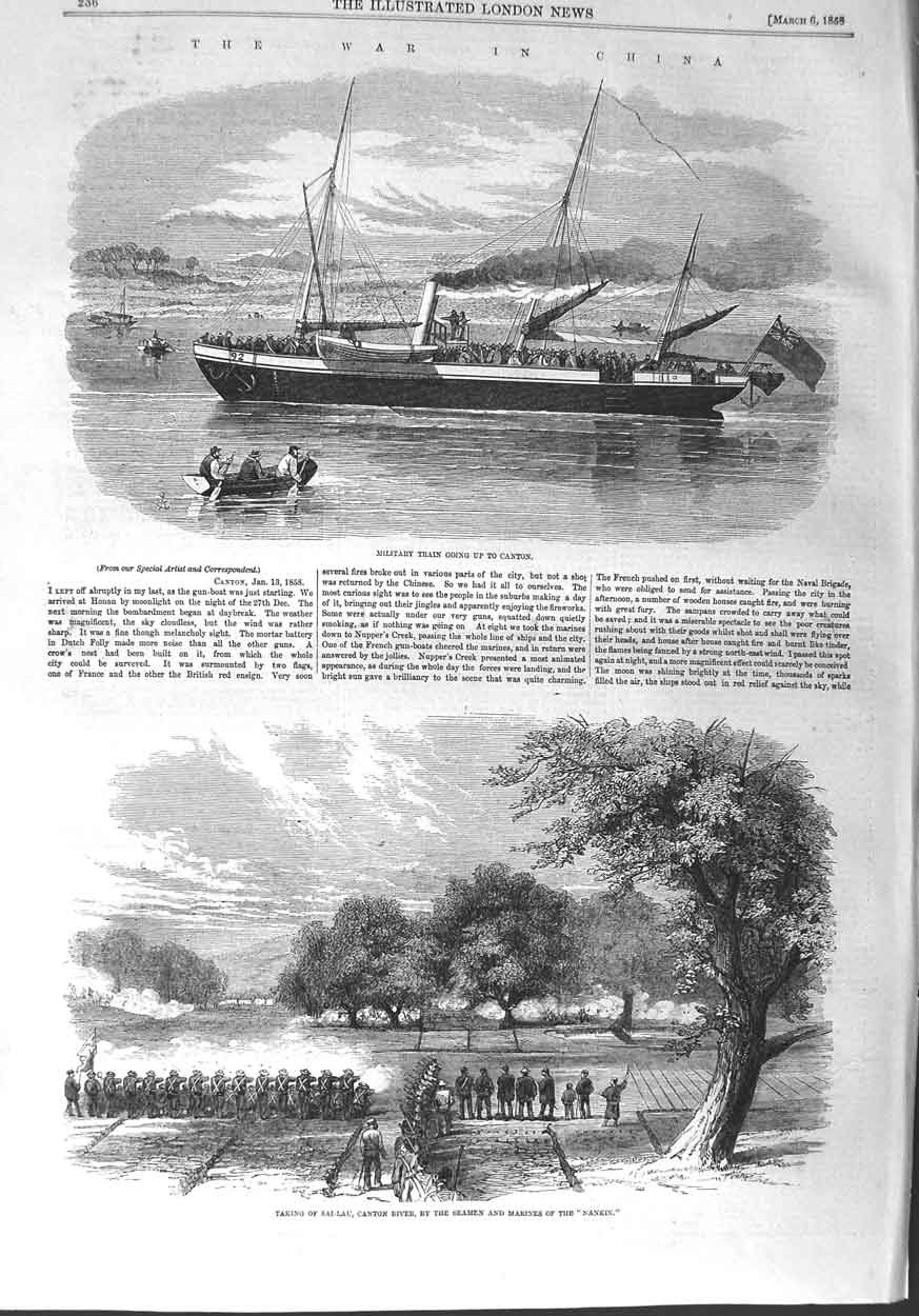 Original Old Antique Print 1858 Military Train Canton Ship War China Sai-La 19th