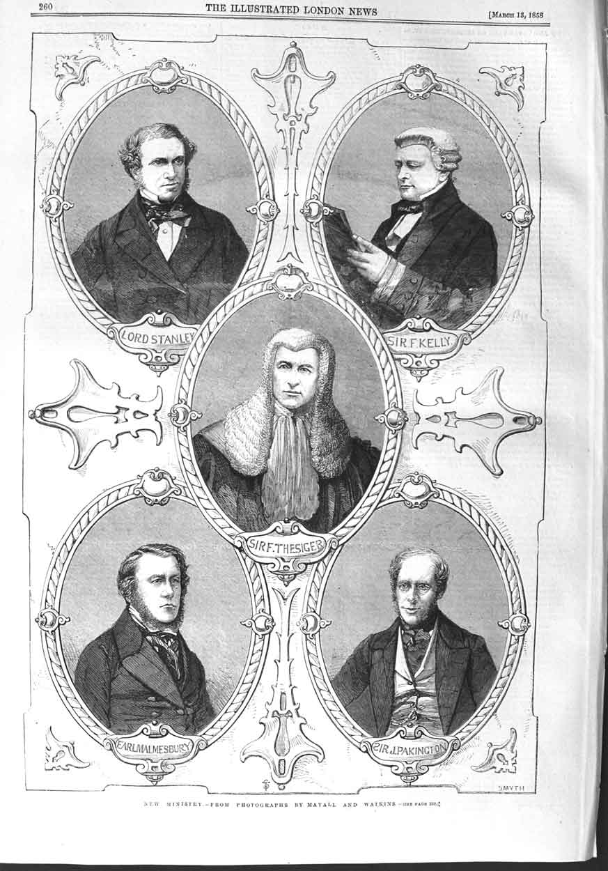 Old Antique Print 1858 Ministry Lord Stanley Kelly Pakington Malmesbury 19th
