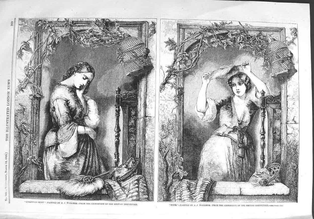 Original Old Antique Print 1858 Portrait Ladies Disappointment Hope Woolmer
